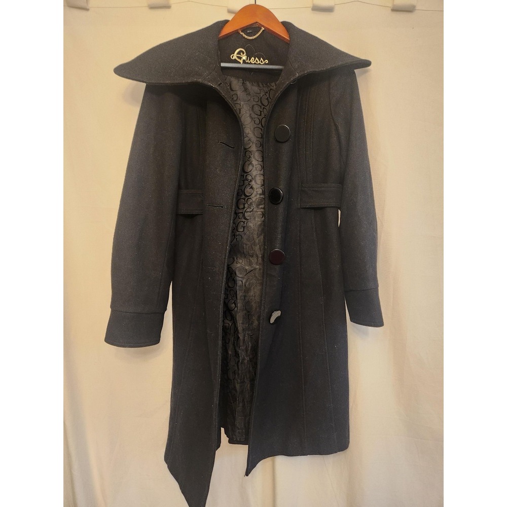 Y2K Guess Coat Womens Medium Black Wool Blend Belted Button Long Collar